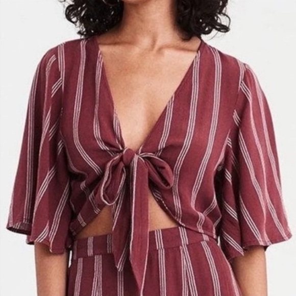 American Eagle Women Crop Top Tie Front Boho Striped Burgundy Medium - Picture 1 of 8